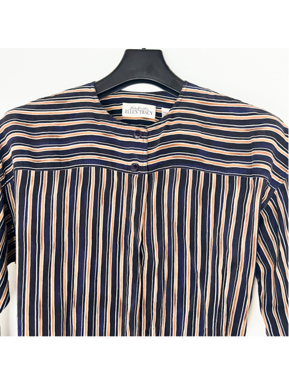 Linda Allard Ellen Tracy 100% Silk Long Sleeve Striped Button Up Blouse Sz 8 - Picture 3 of 10